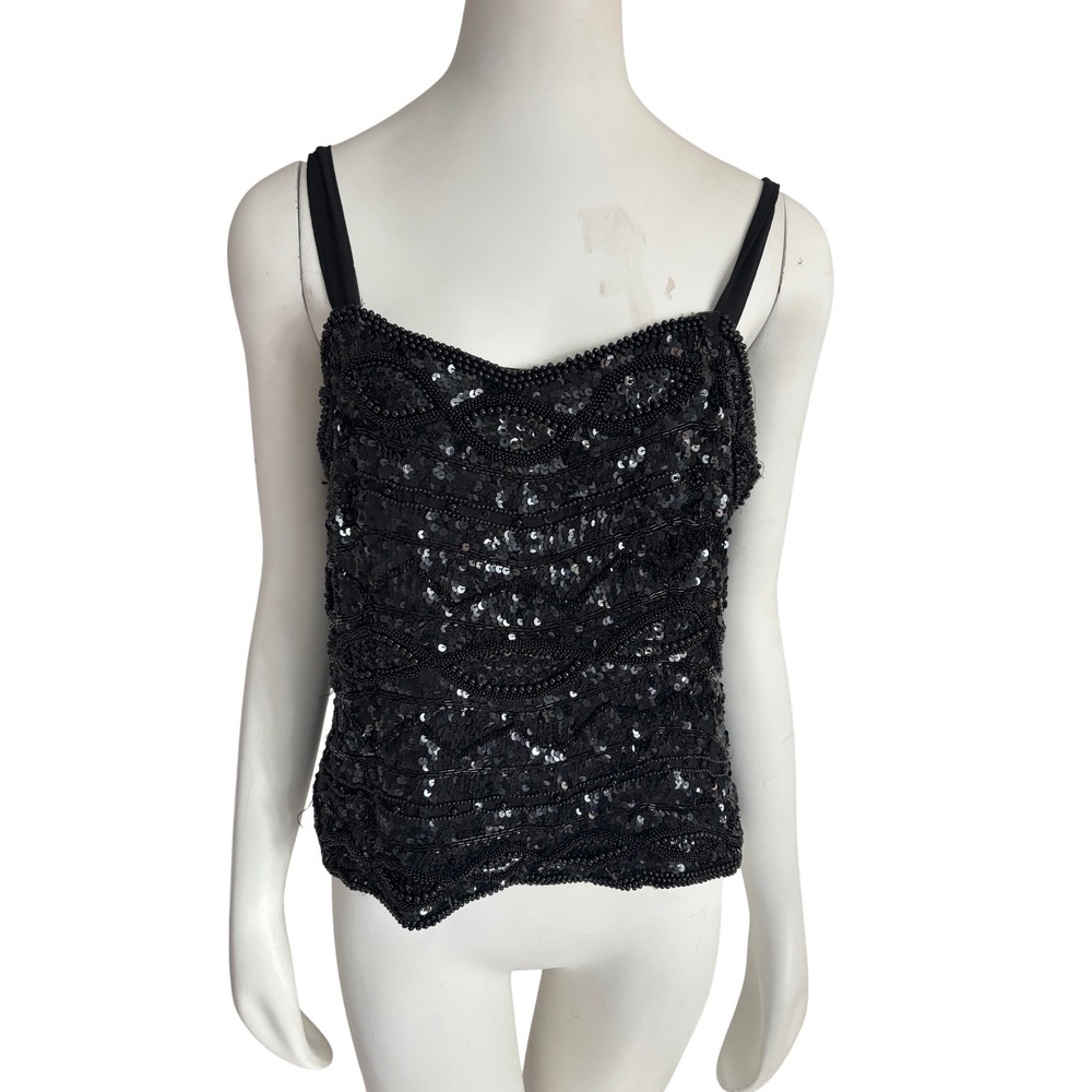 Vintage Jovani Black Silk Beaded Sequin Camisole Top Evening Tank XL